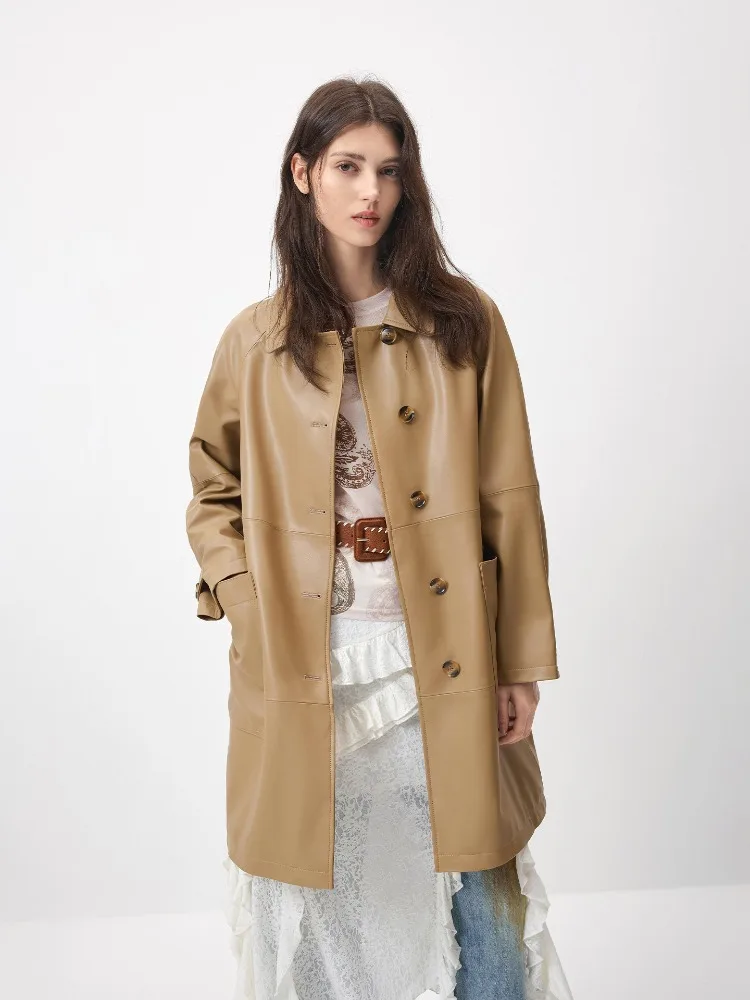 

Natural Leather Coat Women Loose Mid-Long Leather Windbreaker High Quality Sheepskin Single-breasted Leather Jackets chaqueta
