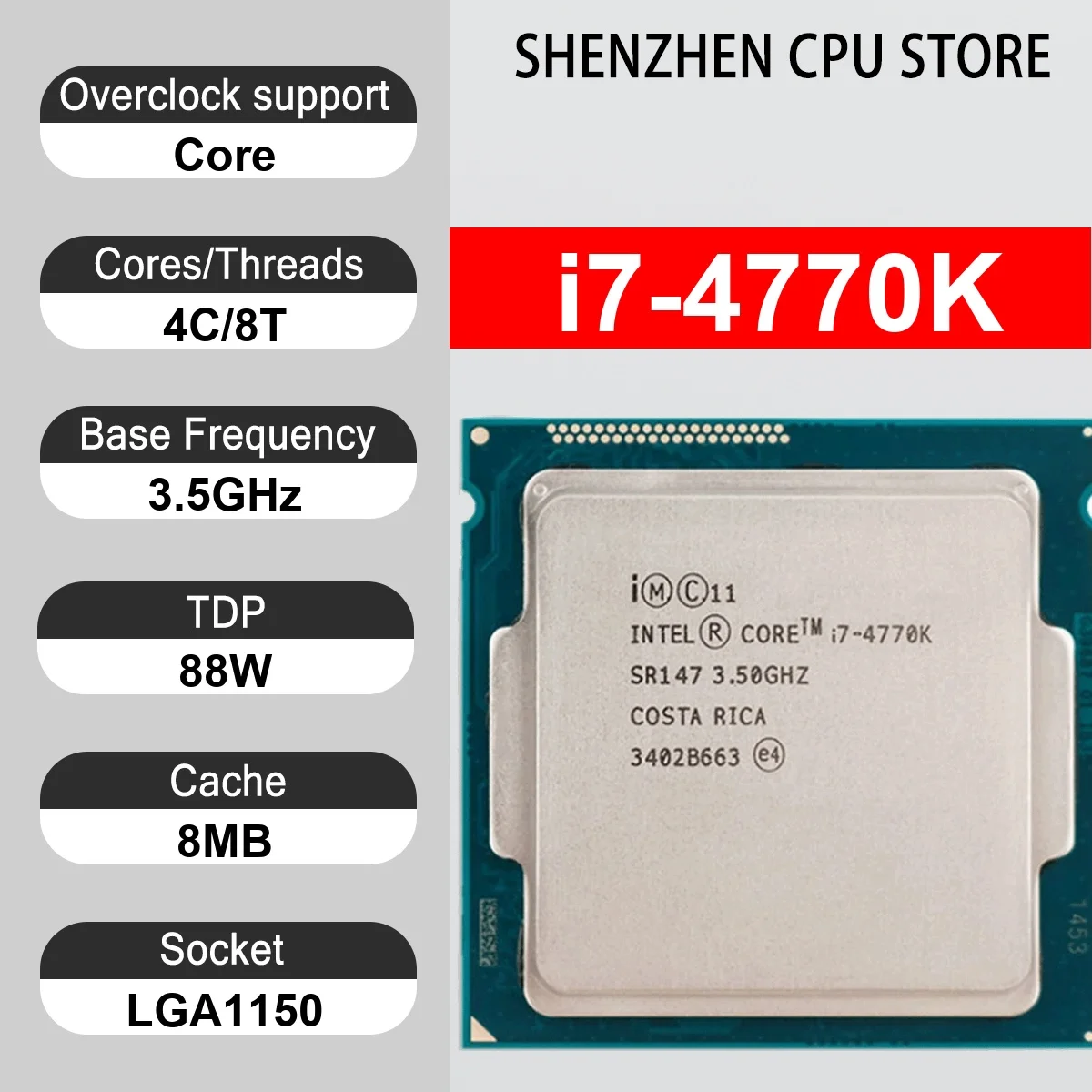 Intel Core i7-4770K 4 Core 8 Thread 3.5GHz 88W 8MB Cache 22nm LGA1150 SR147 DDR3 1333/1600 MHz Haswell HD Graphics 4600