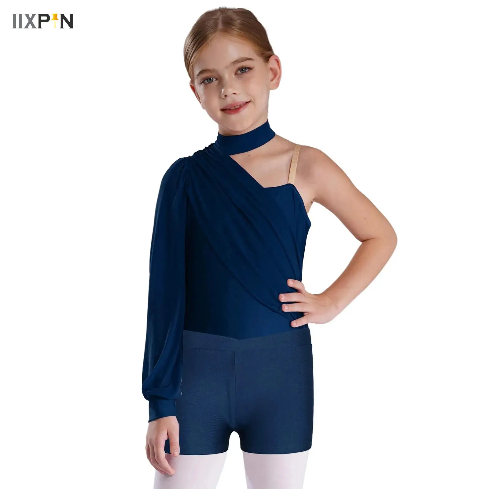 

Kids Girls Gymnastics Leotard Ballet Tank Unitard One Shoulder Mesh Overlay Workout Bodysuit Figure Skating Performance Clothes