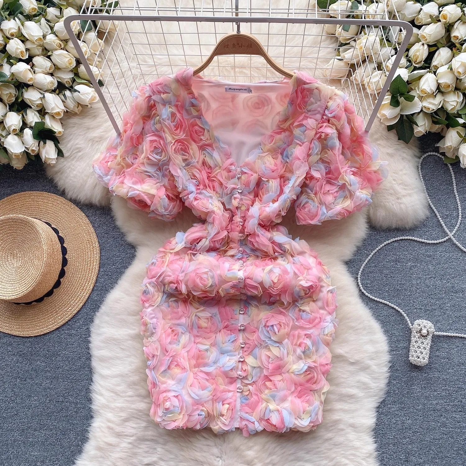 

Fashion New 2024 Three Dimensional Flower V Neck Women Summer Temperament Gauze Sweet Puff Sleeve Party Casual Mini Dresses