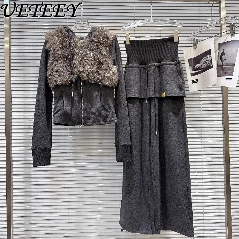 

Осень-зима, новинка High Street Hot Girl, лоскутная толстовка с капюшоном на молнии из искусственного меха + комплект широких брюк с высокой талией для женщин