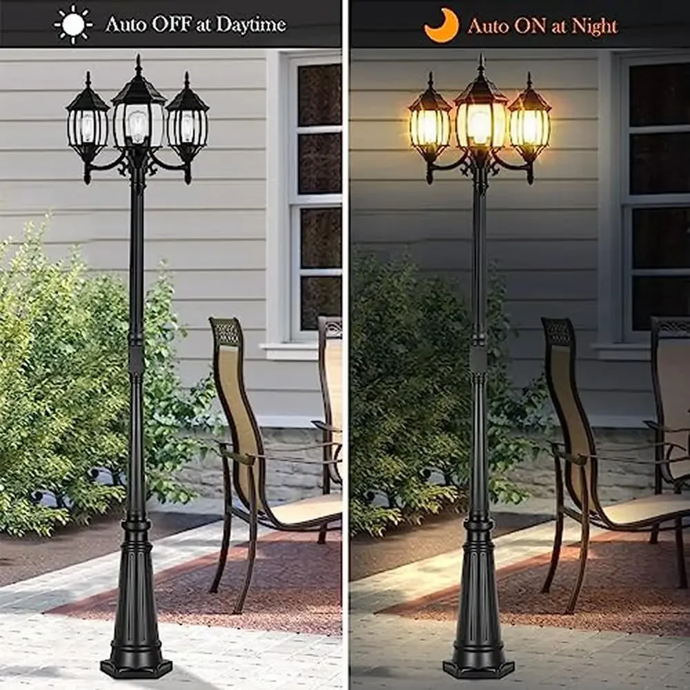 Outdoor Lamp Post Light with GFCI Outlet 3-Head Glass Panels IP65 Waterproof 3 LED Bulbs Included Auto On/Off Electric Pole