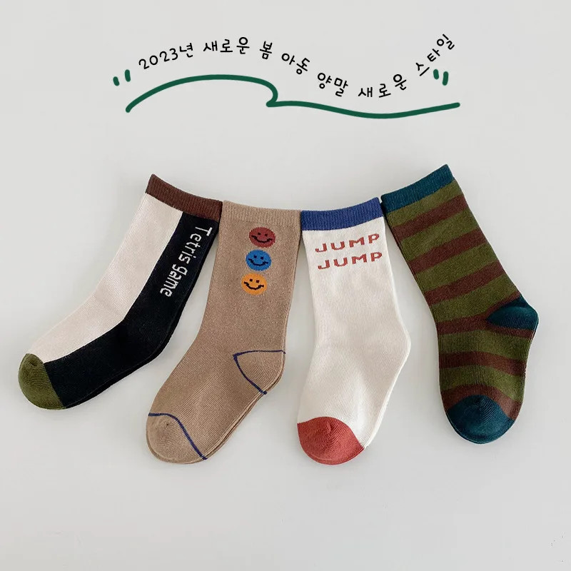 4 Pairs Children Socks Spring Autumn Letter Sport Cotton Socks Kids Boys Girls Calf Socks