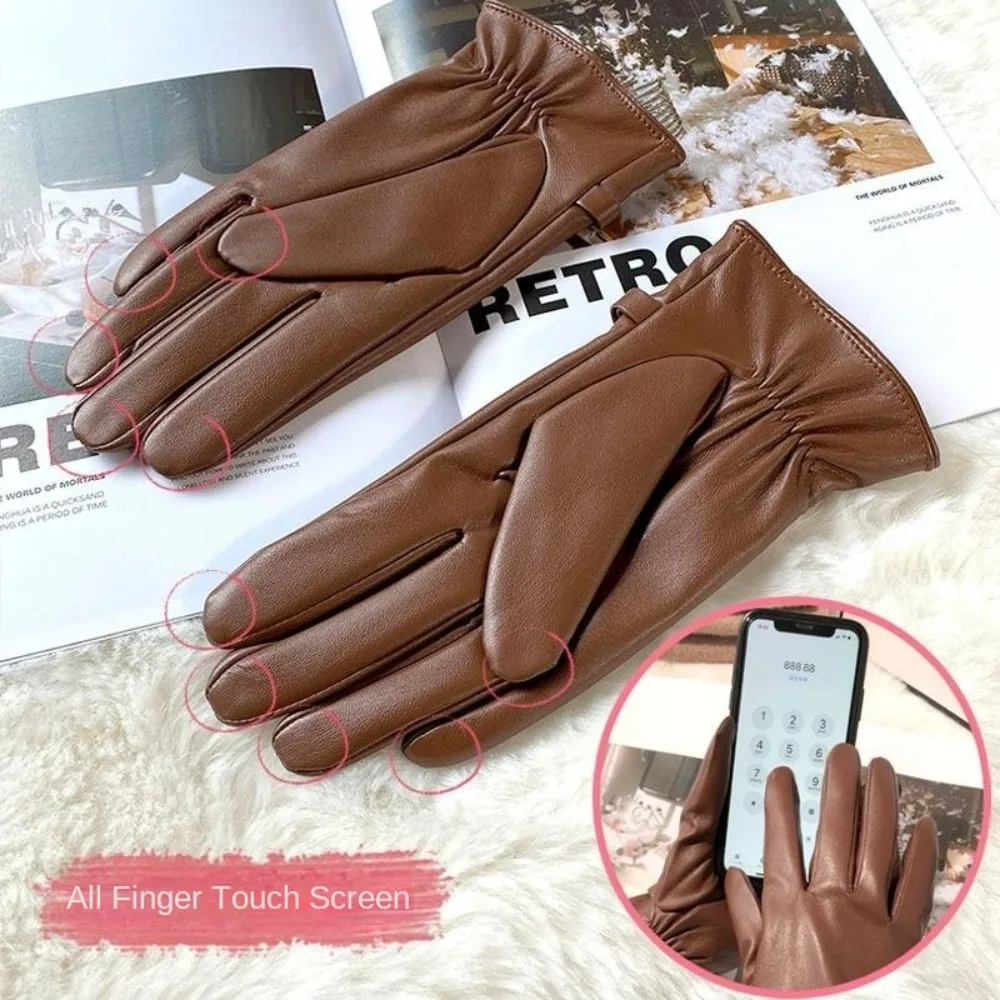 

Vintage Chain Full Finger Mittens Thicken Thickened Women Leather Gloves PU Windproof Touch Screen Gloves Ladies