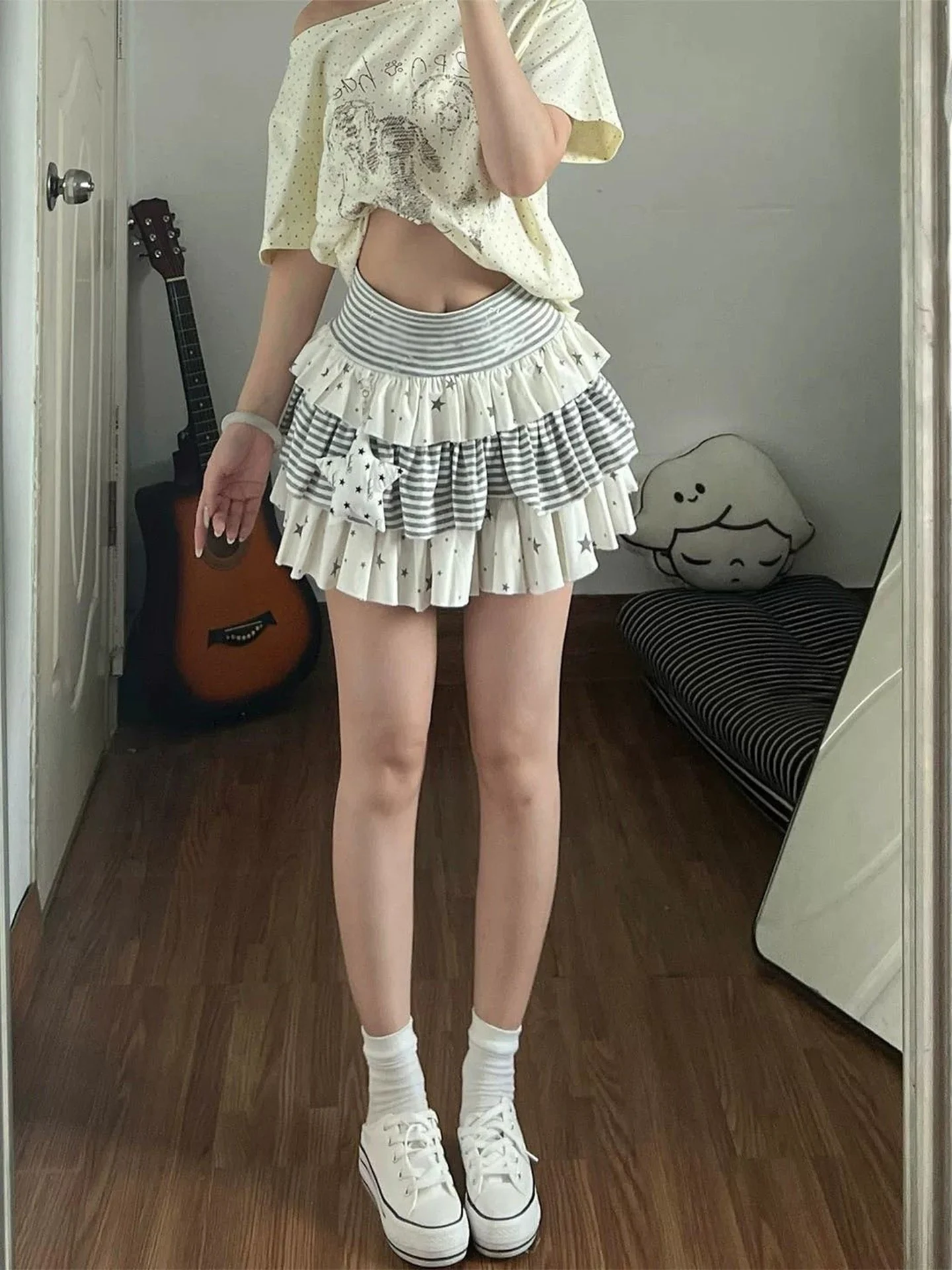 Summer Y2K Ballet Style Fluffy Half Skirt Women's Light Asia Wind Stripe Star Cake Skirt Short Skirt Anti-static High Waist A...