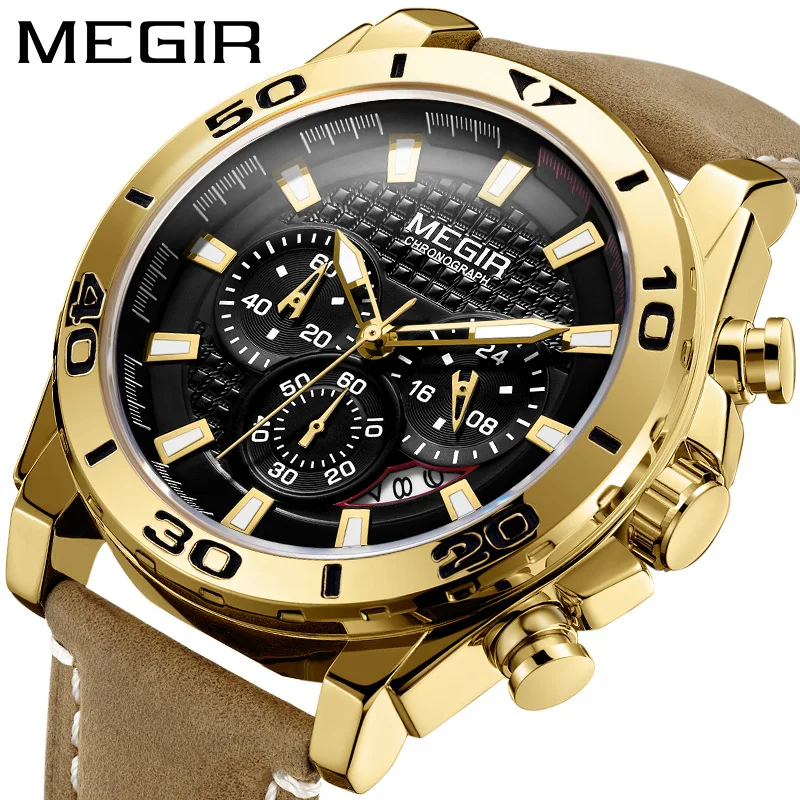 

MEGIR Men's Army Sports Chronograph Quartz Watches Leather Strap Luminous Waterproof Wristwatch Man Relogios Clock 2094 Silver
