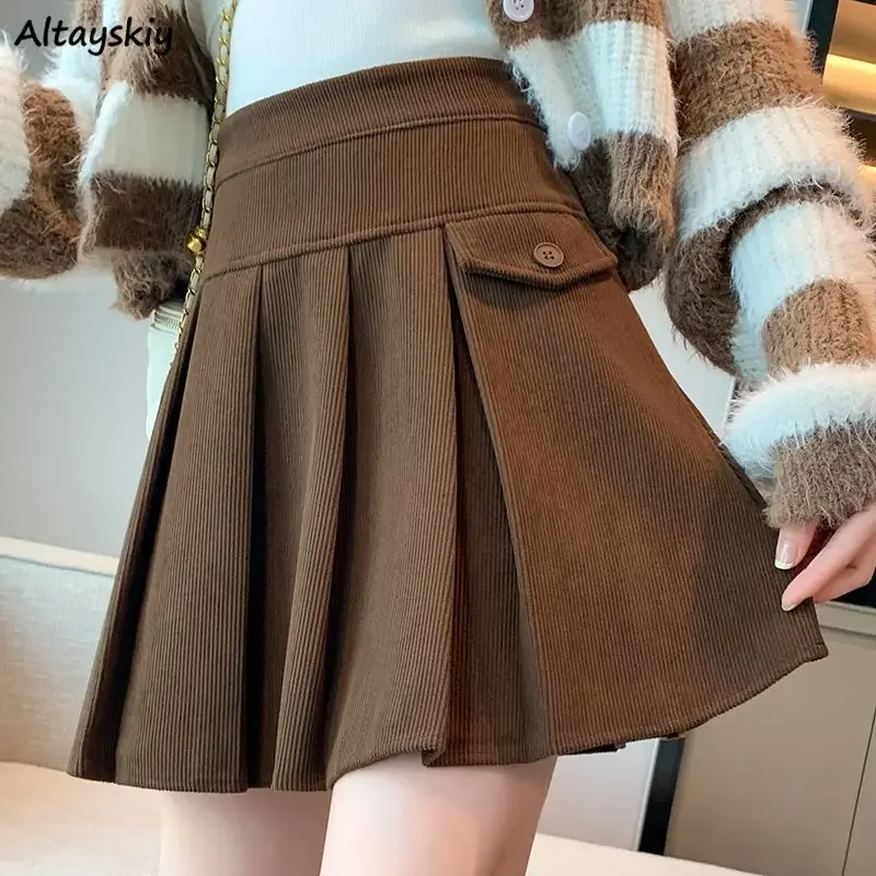 

Corduroy Pleated Skirts Women Vintage High Waist Chic Design Cute Students Ulzzang Stylish Autumn Winter Mini Skirt with Lining