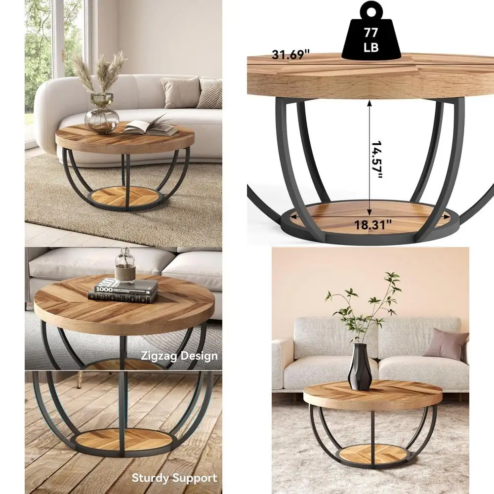 

Промышленный двухуровневый круглый журнальный столик, 32 дерева и черный центральный элемент гостиной с открытым хранилищем