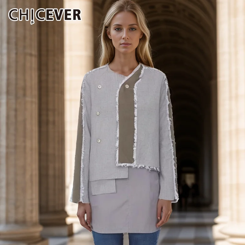 

CHICEVER Spliced Double Breasted Women Irregular Raw Edges Jacket V Neck Long Sleeve Patchwork Blazer Hem Coat Female Autumn New