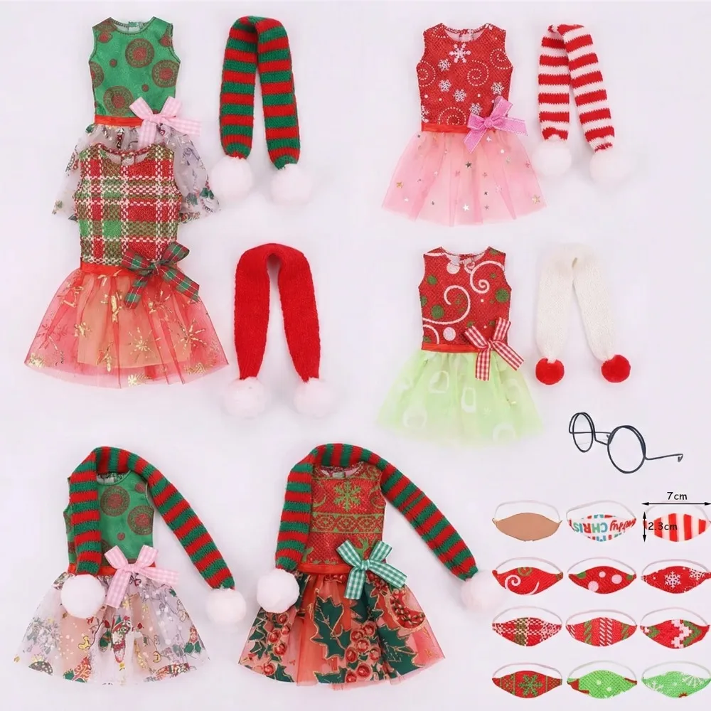 Doll Gauze Skirt Christmas Style Patterned Skirt Glasses Mask For 30CM&1/6 BJD Doll&Christmas Doll Clothes,Christmas Gifts Girl