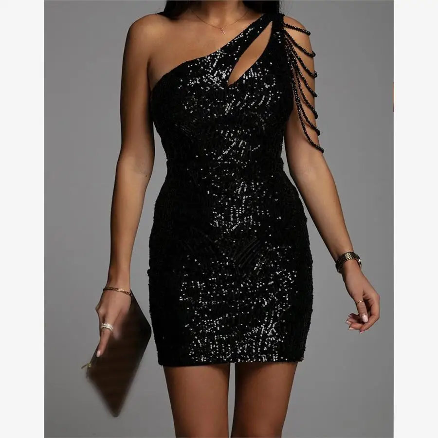 One oulder Sequin Par Dr Single oulder Cutout Glittering Polyester ort Skirt Zipper Closure Spring Commute Sle