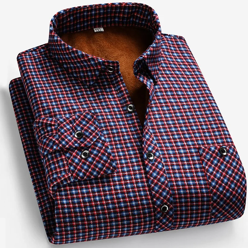 Winter Men's Fleece-Lined Thickened Warm Square-Neck Shirt Long-Sleeve, Middle-Aged Dad Business Casual Plaid Shirt