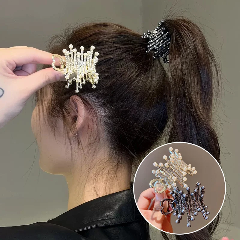 Simulated Pearl High Ponytail Holder Clips Clamps Girl Korean Crystal Claw Clip Fixed Hairpin Hair accessories Headwear