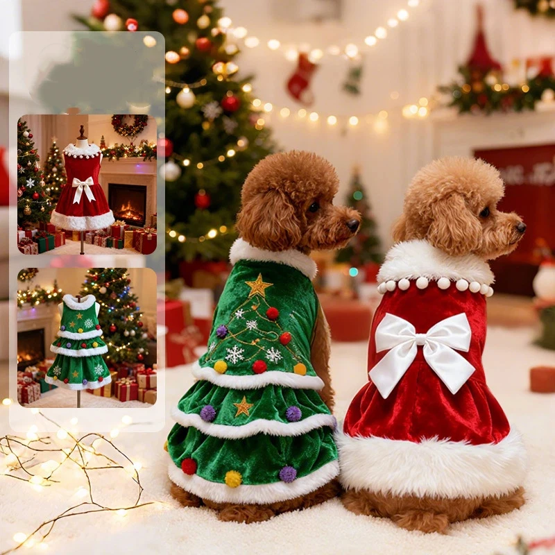 

Dog Christmas Dress Sweater Pet Xmas Outfits Pet Fall Clothes For Dogs Girl Velvet Puppy Dresses Kitty Cat Apparel
