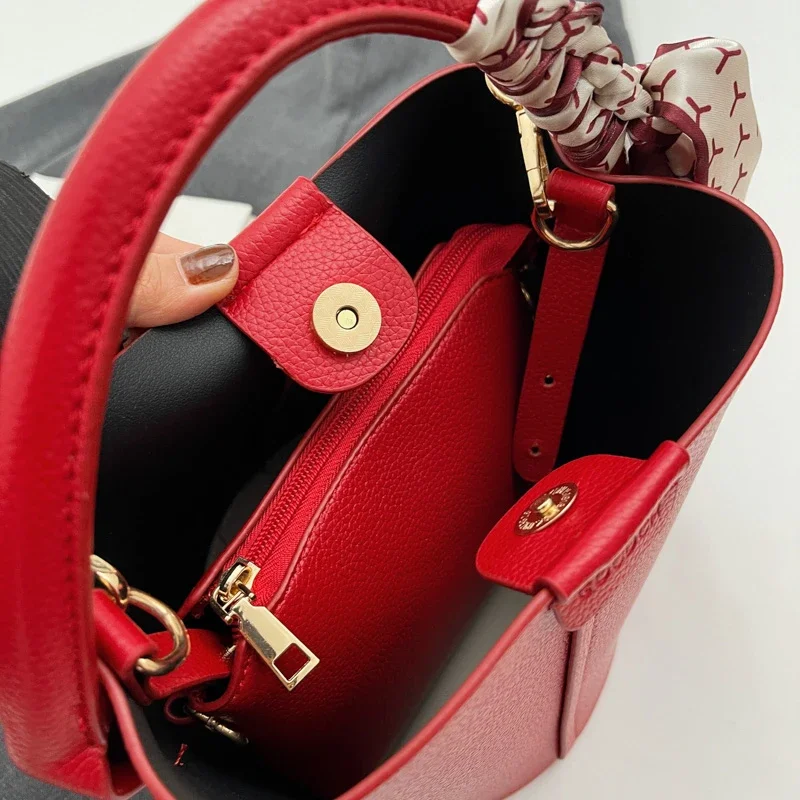 Super Popular Fashion Solid Color Magnetic Buckle Silk Scarf BucketBag New High-quality Simple Versatile ShoulderBag Hot Selling