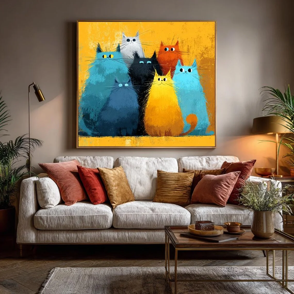 Pintura de un Grupo de Gatos Coloridos, Arte Abstracto de Gatitos en Lienzo, Arte Mural de Animales Grande y Original, Regalo para Amantes de los Gatos, Arte Moderno Enmarcado, Apar