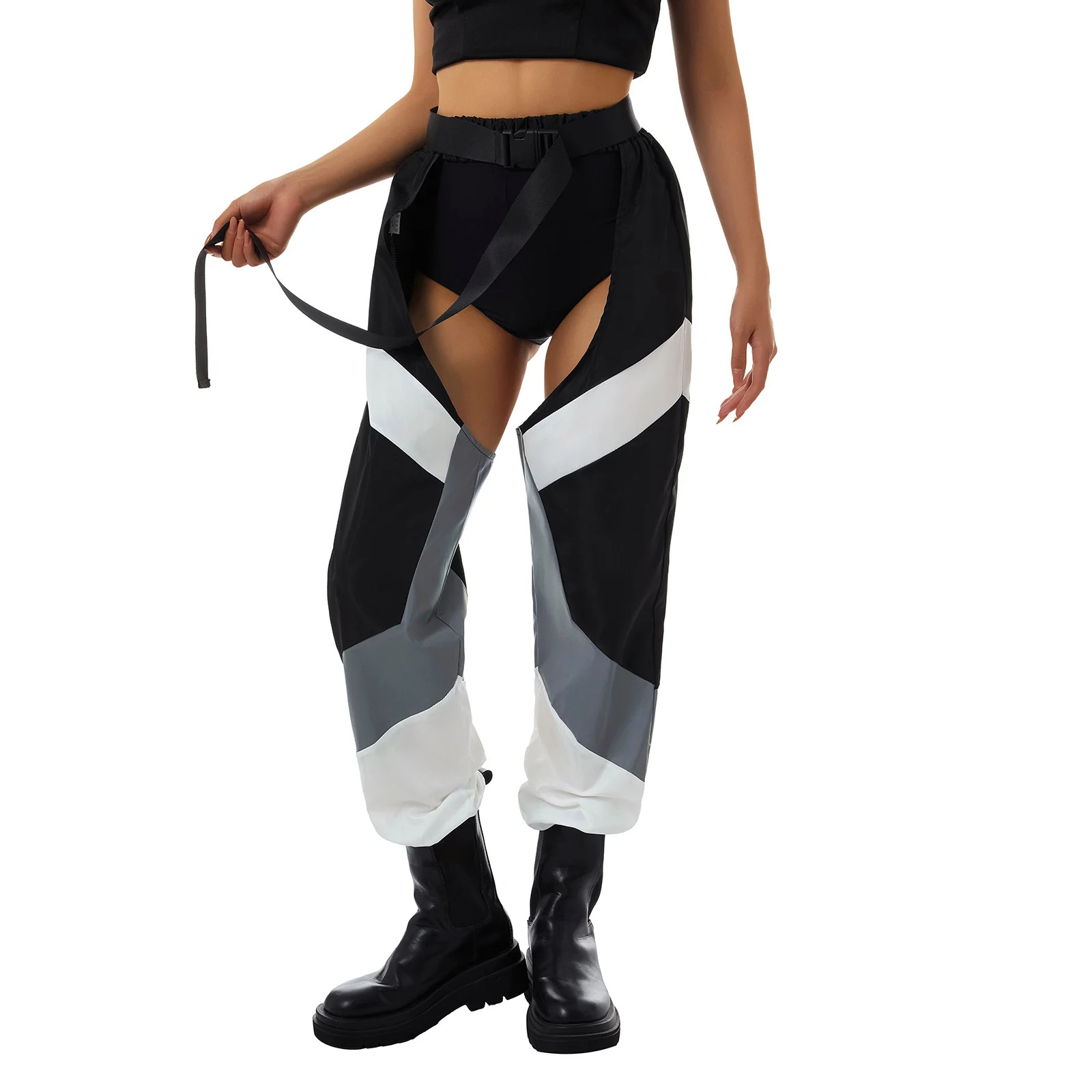 Women's Sexy See Through Buckles Bottomless Pants High Waist Hollow Out Crotchless Pants Rave Chaps Cargo Trousers Streetwear