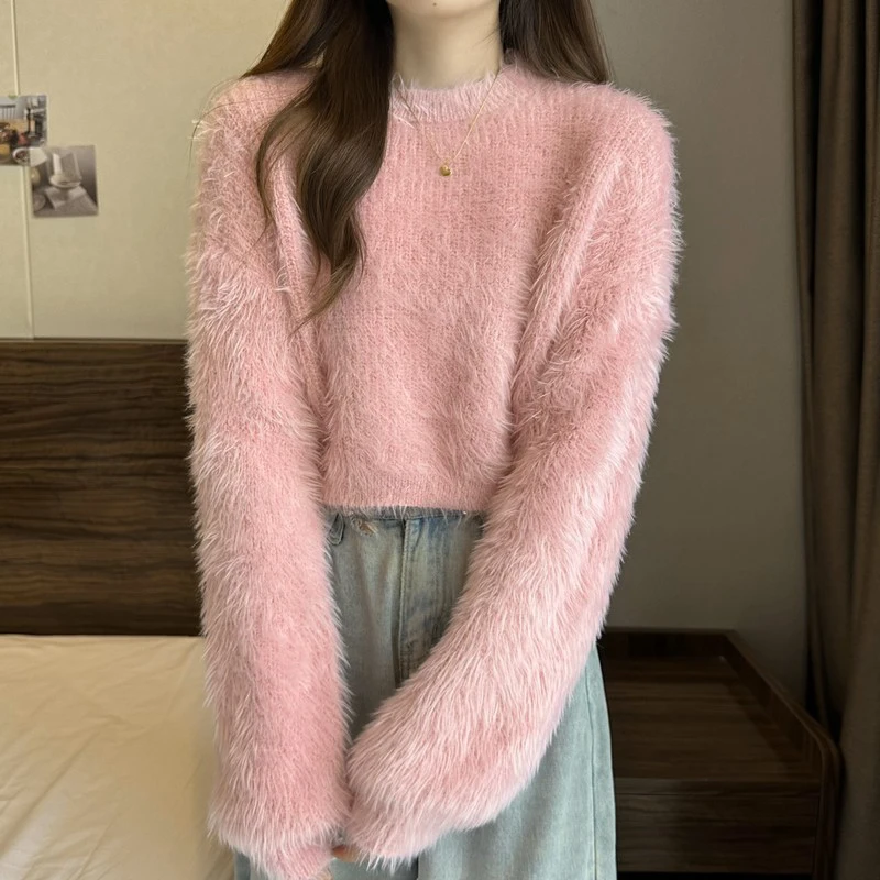 

Женский бархатный свитер с круглым вырезом, Свободный пуловер молочно-желтого цвета из меха норки, корейская мода, Мягкий трикотажный свитер