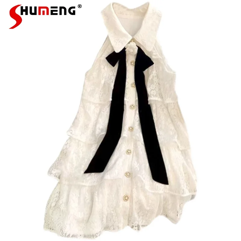 

Princess Sweet Lace Embroidered Ribbon Cake Dress 2024 Summer New British Style Sleeveless Lace-up White Dresses for Women