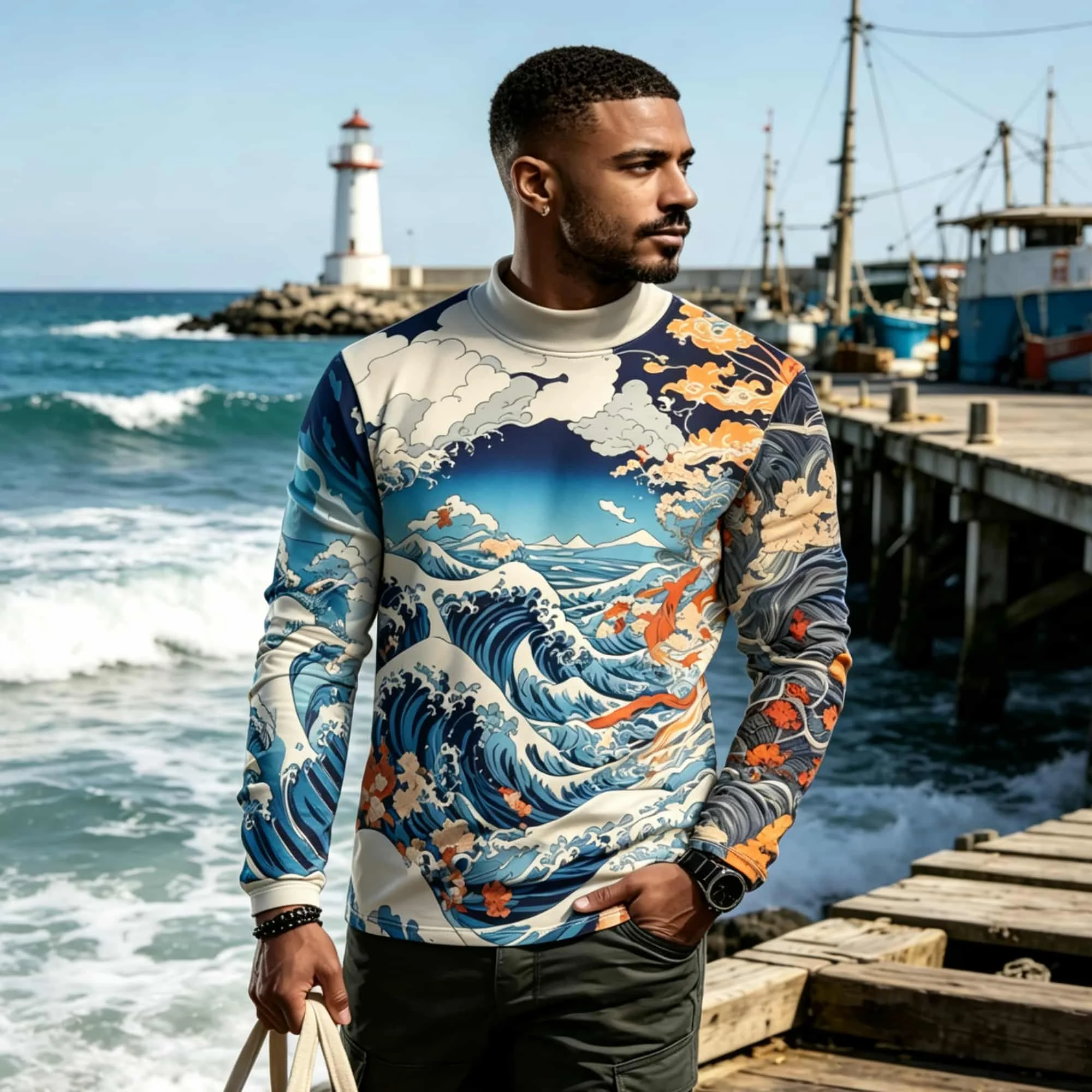 Japanese Ukiyo-e Wave Graphic Long Sleeve T Shirt for Men Vintage Ocean Cloud Art Print Mock Neck Casual Tops