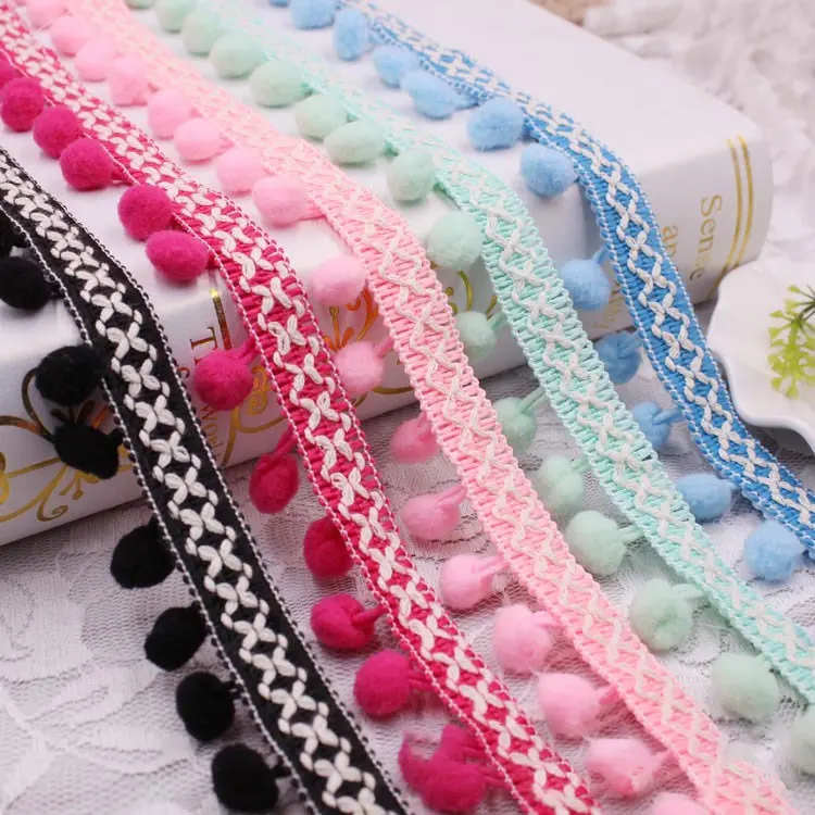 1-10Yards Pompom Fringe Lace Embroidered Trim Ribbon Pompoms Trim Fringe Ribbon Pom Pom Craft Tassel Lace DIY Sewing Accessories