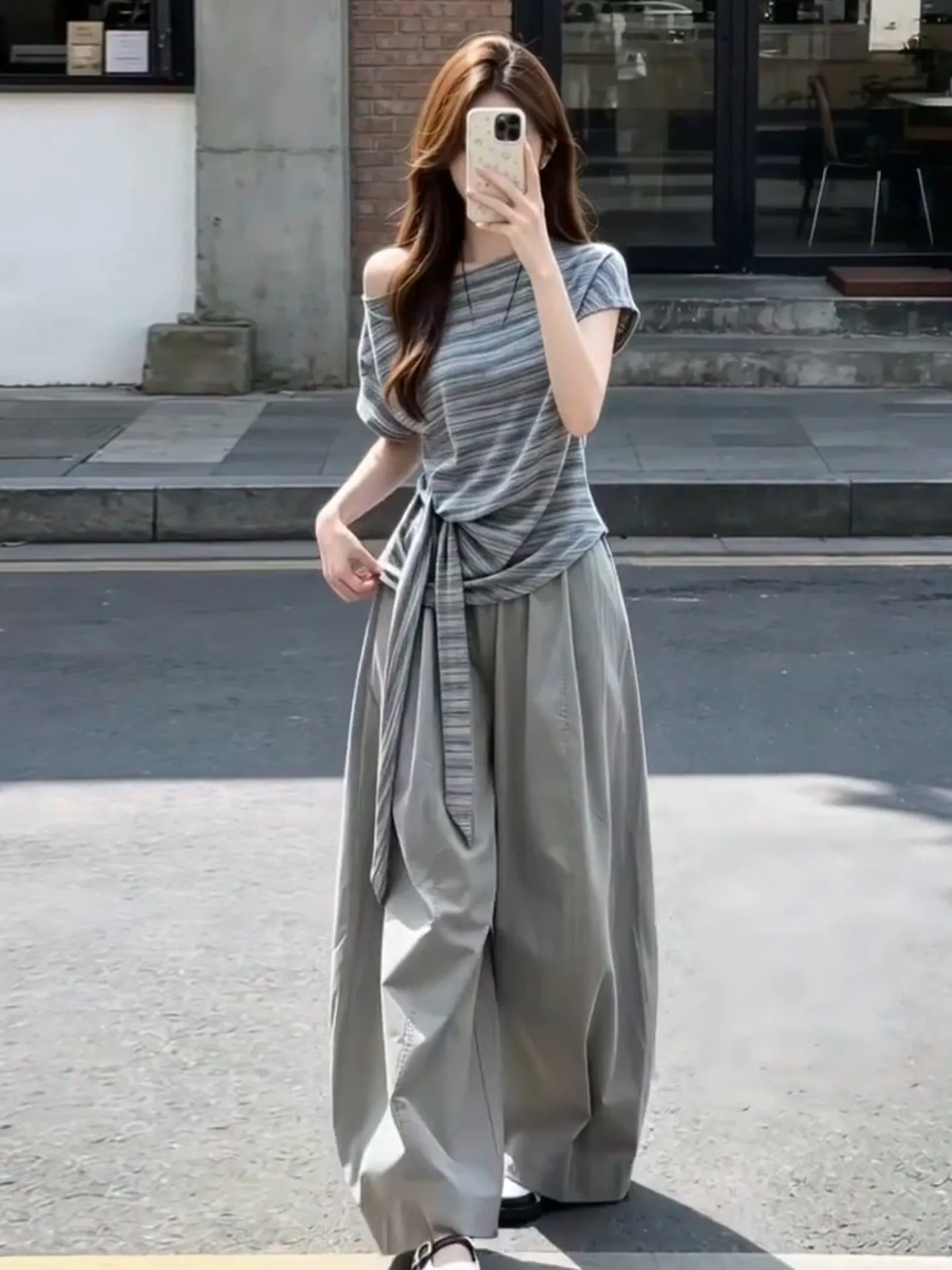 Korean Style Summer Striped Short Sleeve T-Shirt Women's Wide Leg Pants Two-Piece Set Breathable Casual Sweet Style Fashion