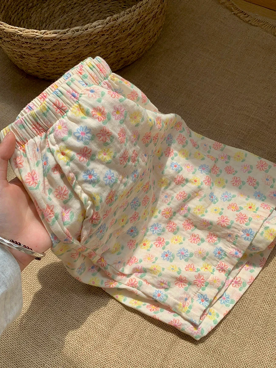 

Large Size 300 Pounds Sweet Flower Print Sleep Pants Women Summer Loose Casual Home Shorts High Waist Polyester Fiber