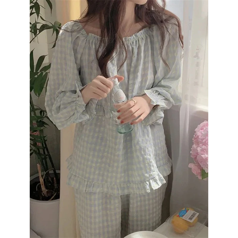 Plaid Sleepwear Women Pajama Sets Ruffles Piiama Long Sleeve Pants Sets 2 Pieces O-neck Night Wears Korean Autumn Home Suit New