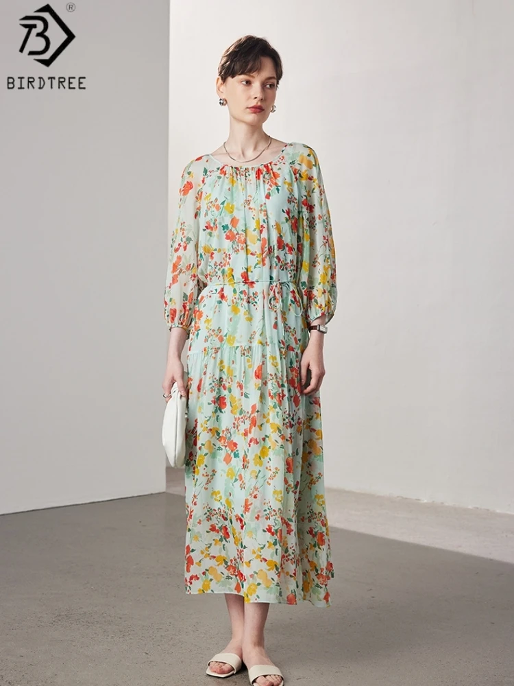 Birdtree, 10MM 100% Real Silk Print Soft Dress, Women Qiaoqi Translucent O-neck Dresses, Two-piece Set, 2026 Spring New D61818JF