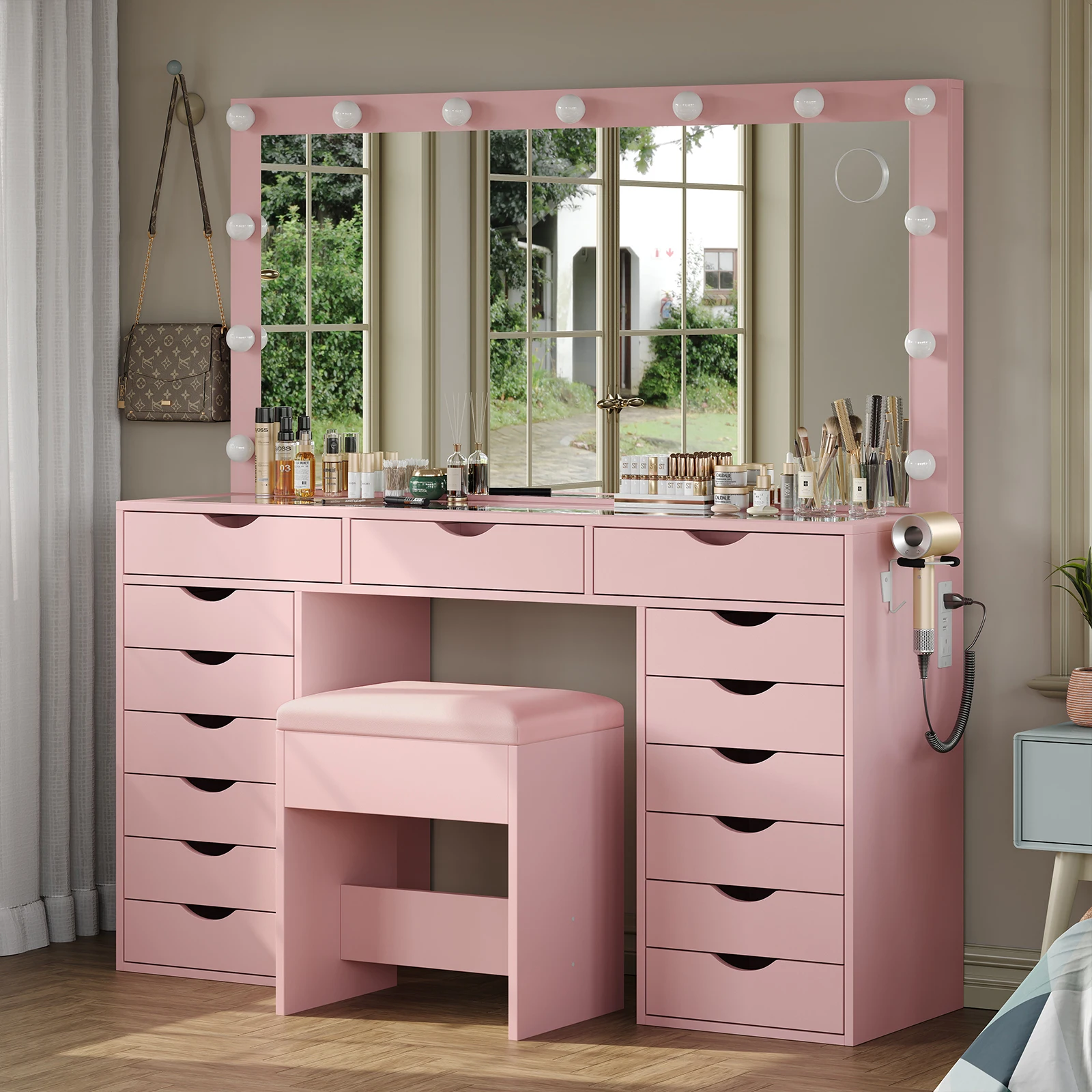 Large Capacity Vanity Desk Set with LED Lighted Mirror, 3 Adjustable Lighting Brightness, Ample Drawers & Storage Shelving, Scratch-Resistant Clear Tempered Glass Desktop with USB Charging Port