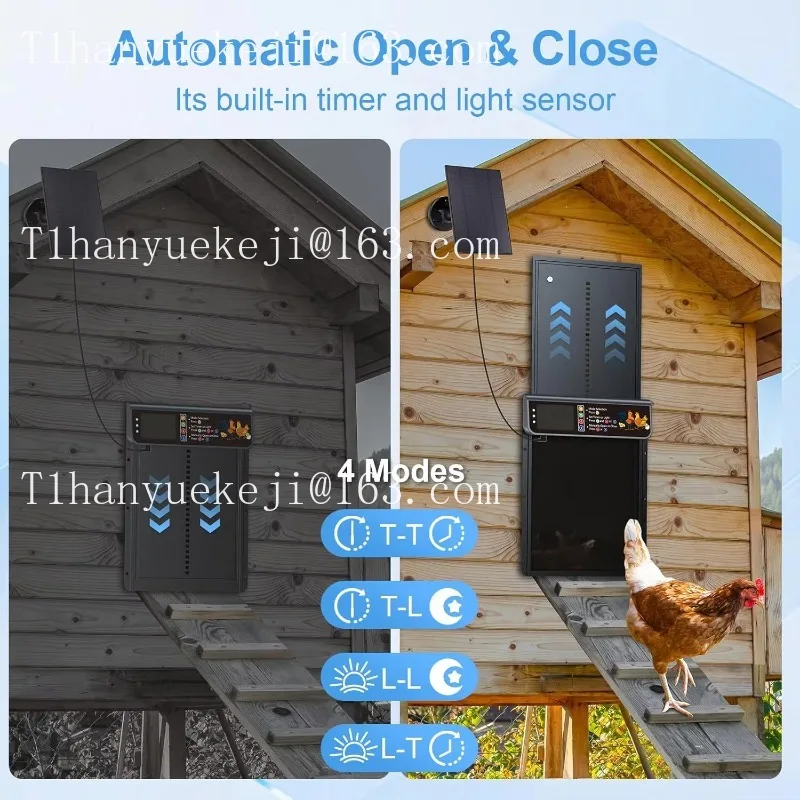 Solar Chicken Door 4 Mode Aluminum Alloy Light Sensor Timer LCD Display, chicken coop doorEasy to Install Anti-pinch