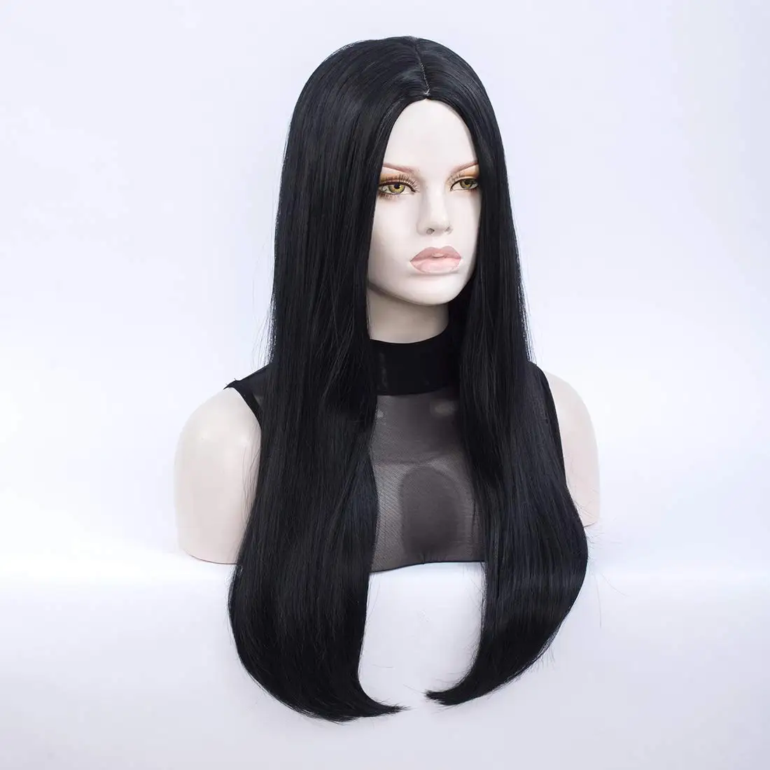 Perruques d'Halloween longues et droites avec raie au milieu pour femmes, perruques de Costume de Cosplay et de cheveux synthétiques quotidiens, perruques noires de fête d'Halloween