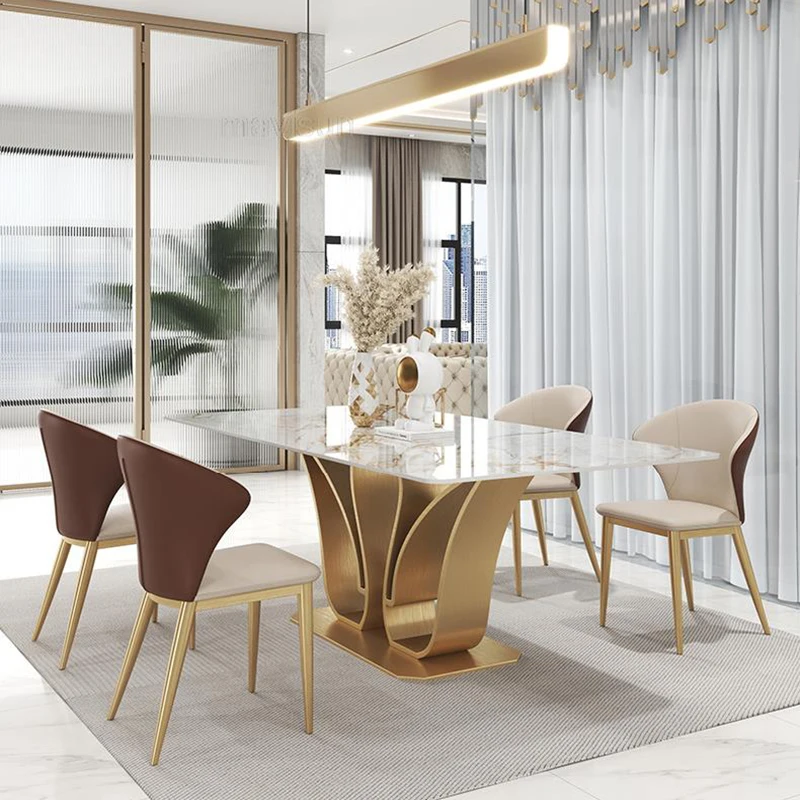 Luxury Villa Dining Room Swan Shape Rectangular Island Table 1.8m 6 Chairs Set Golden Creative Design Marble 밥상 Home Furniture