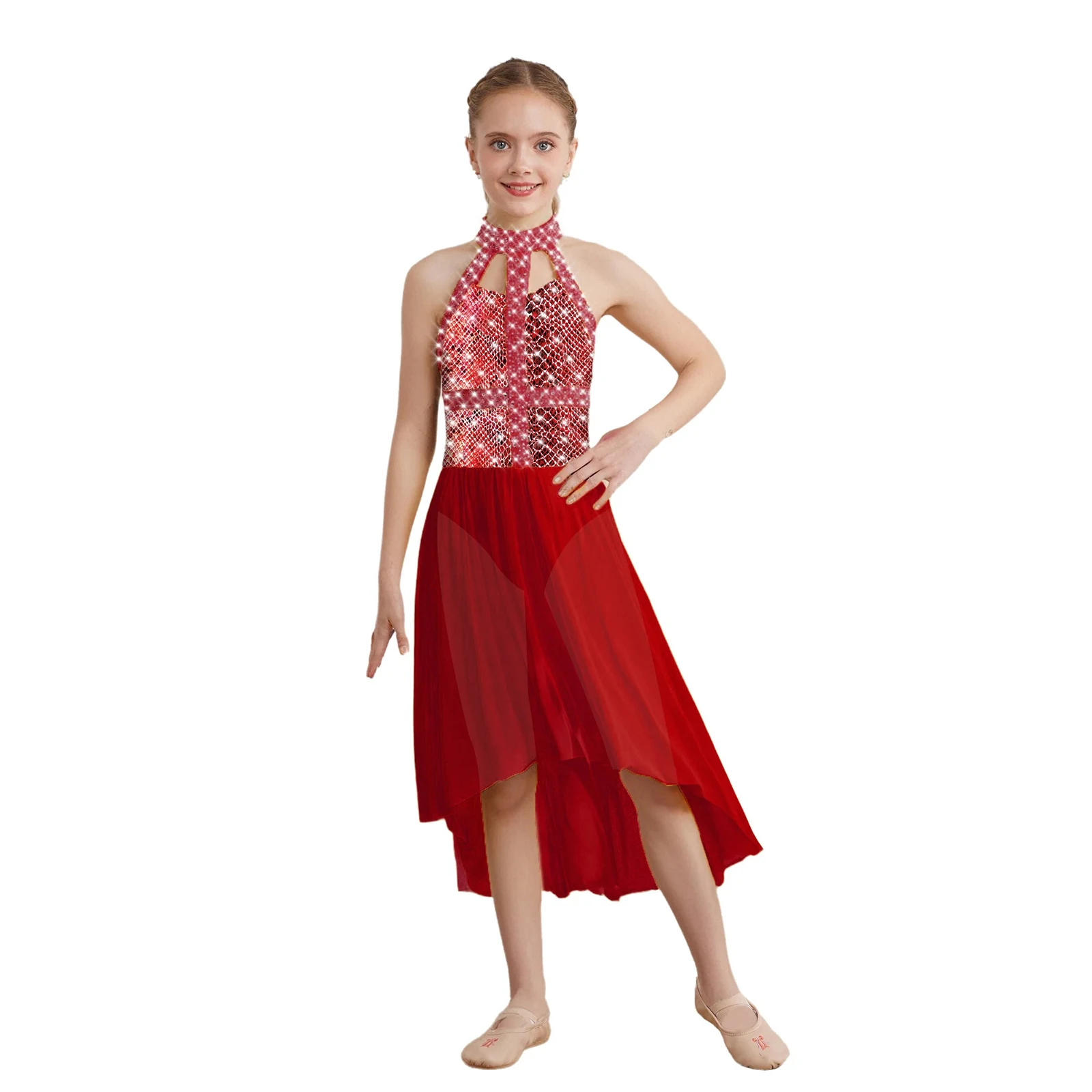 

Kids Girls Contemporary Lyrical Dance Dress Snakeskin Printed Sparkly Rhinestones Halter Sleeveless High-Low Mesh Hem Dresses