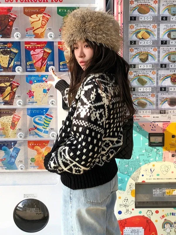 Korean Retro Pattern Thi Knit Sweater Jaet Women Winter New High Collar Double Zipper Knitted Open Cardigan Top
