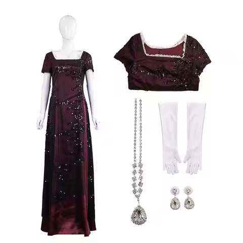 Halloween Party Adult Women Titanic Rose Cosplay Wine Red Long Evening Dress Costume