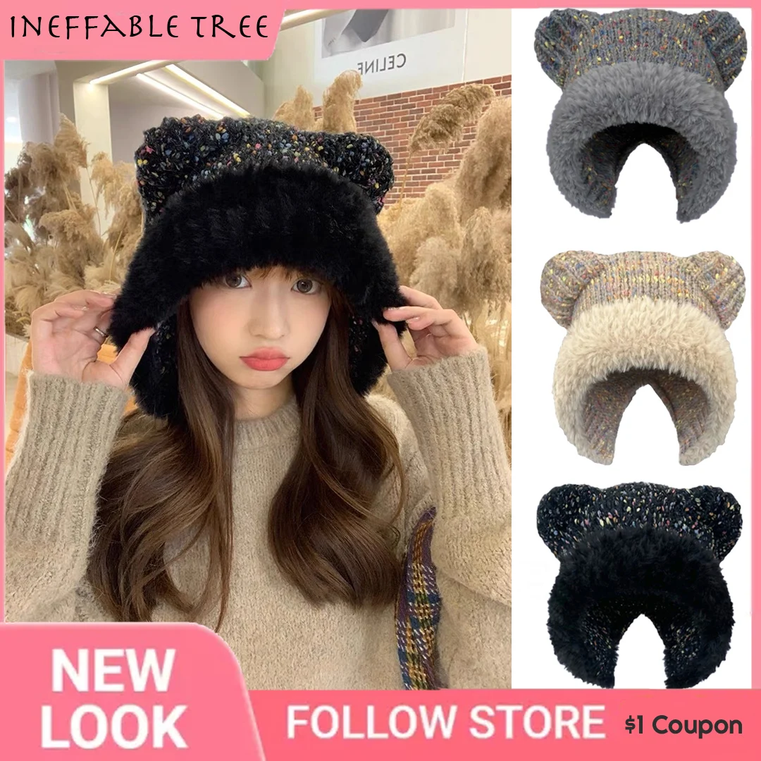 

Russian Winter Warm Knitted Big Plush Ball Hat Plush Cute Little Bear Ears Knitted Cap Windproof Plush Snow Bomber Gorro Hombre