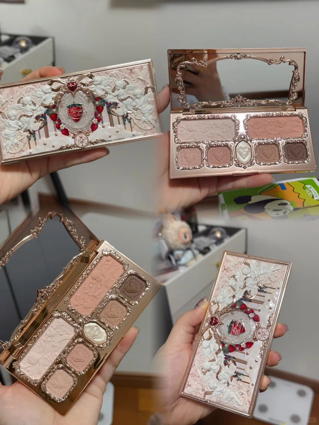 Flower Knows Tavolozza per trucco originale Cupido alla fragola Tavolozza per evidenziatore per il viso Ombretto glitterato a 7 colori Impermeabile a lunga durata