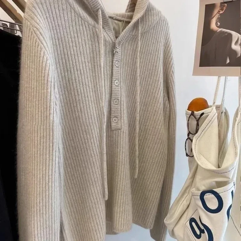 

Korean Style Semi Open Neck Sweater Knitted Sweater Hooded Cover Inner Layer Layered Hoodie Stylish and Versatile Top