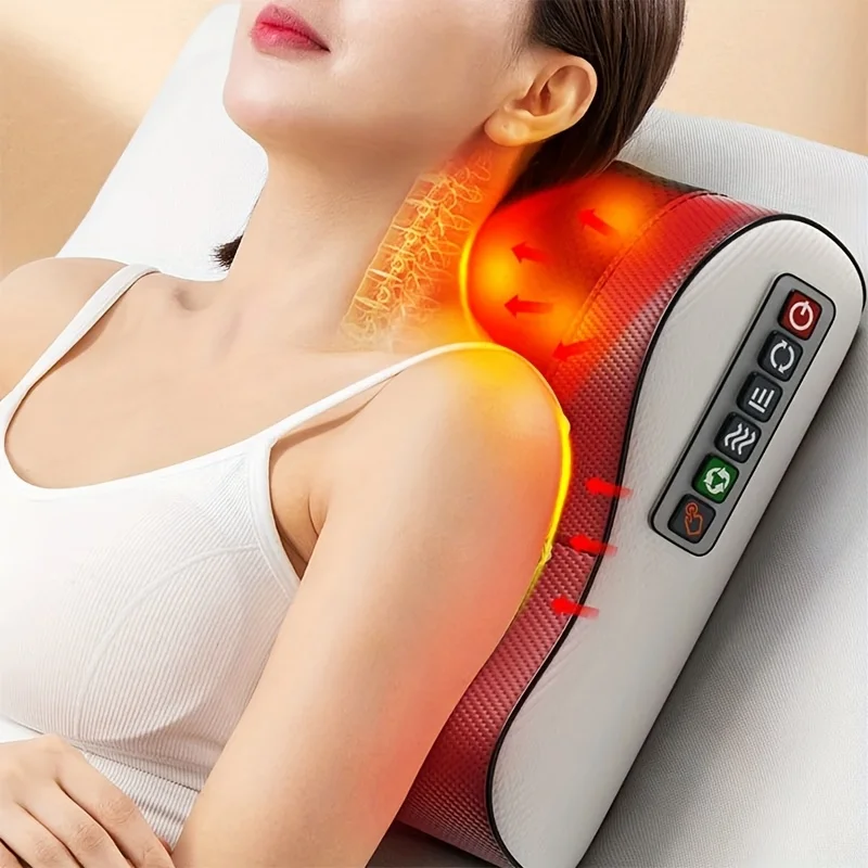 Neck Massager, Massage Pillow with 20 Massage Heads, Kneading and Heating Functions, 6-Button Control Suitable for Shoulders, Neck, Waist, and Back, Multi-Area Massager, Dual Modes for Home and Office Use, Holiday Gift