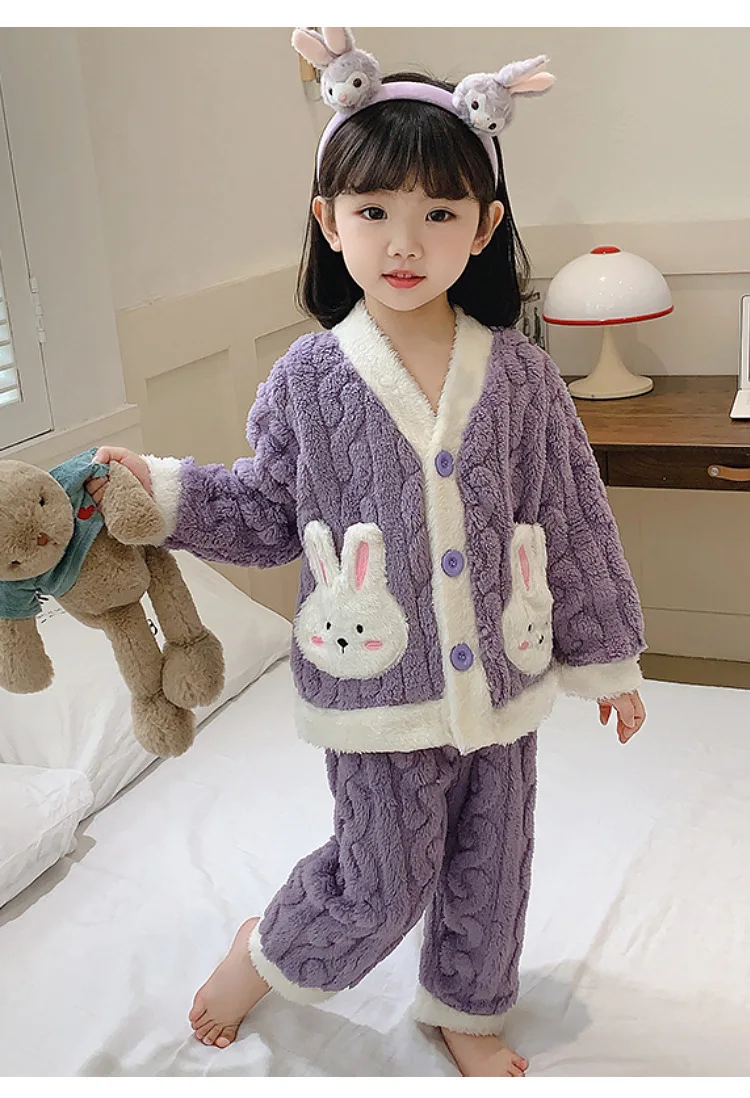 Herbst-Winter-Kleinkind-Mädchen-Flanell-Pyjama-Sets Kinder Süßer Hase Verdickte Warme Strickjacke+Hose 2-teiliges Baby-Loungewear-Outfit – Detail 8