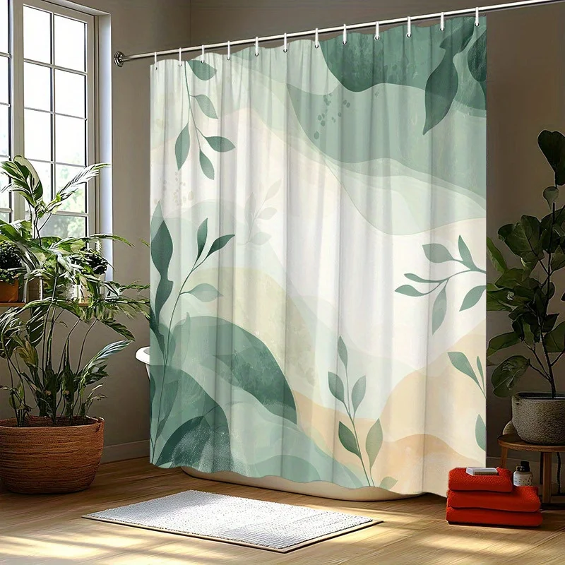 Layered Green Leaves Shower Curtain - Minimalist Abstract, Subtle Textures, Polyester, Washable, Fashionable, 12 Hooks, Line Dry