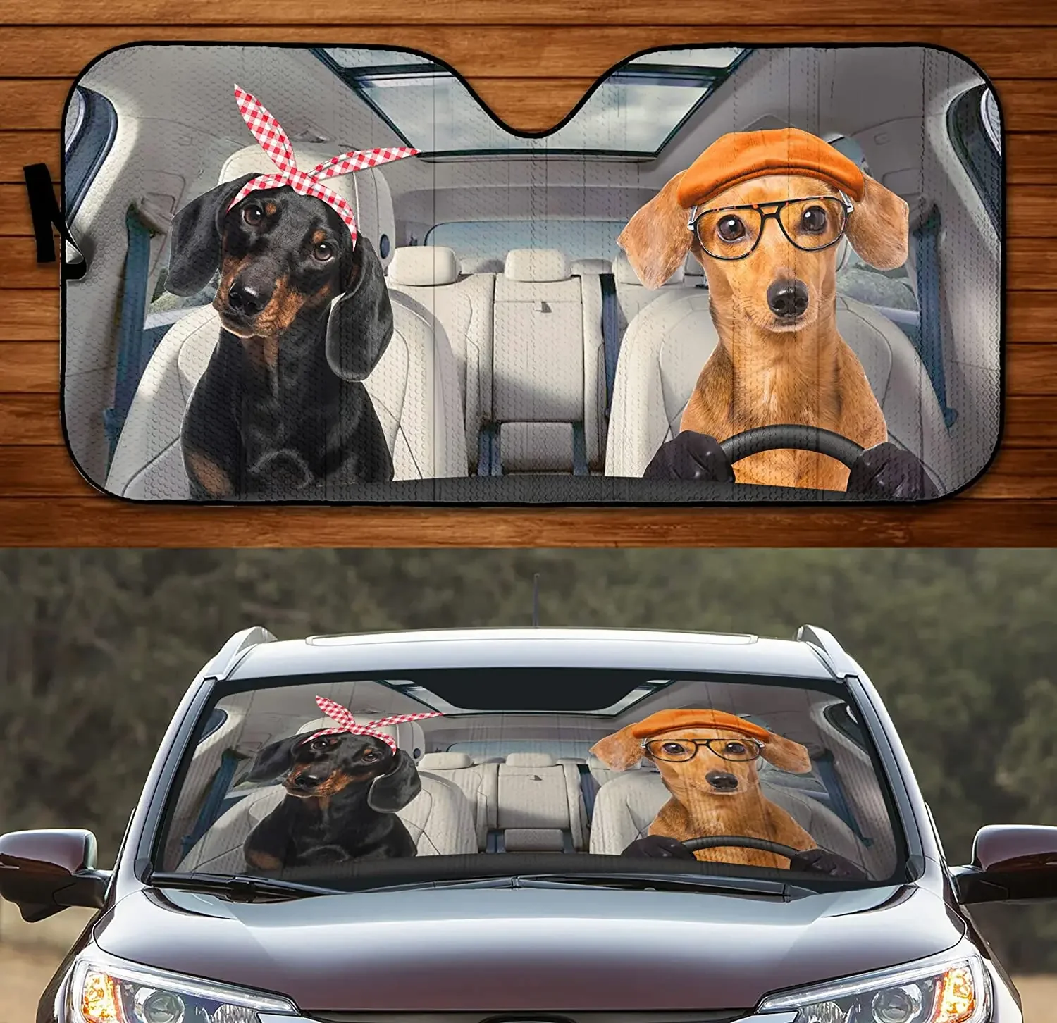 Funny Long Haired Dachshund Dog Driving Summer Car Sunshade, Long Haired Doxie Couple Driving Auto Sunshade for Dog Lover, Car W