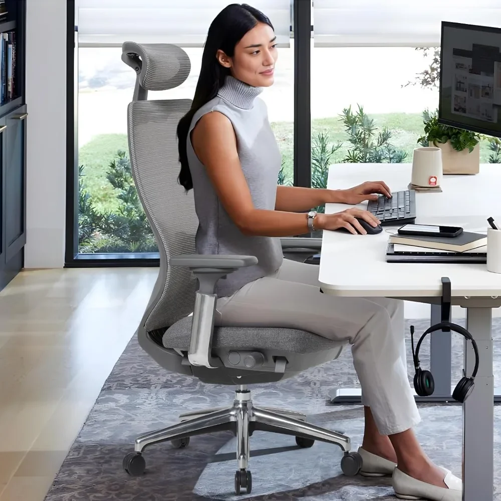 Chaise de Bureau Ergonomique en Maille à Dossier Haut, Siège Coulissant, Inclinable, avec Repose-Sauna Réglable et Bras 4D