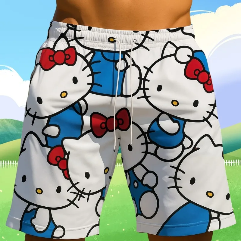 

MOTO-Лето 2025 г., мужские и женские шорты, летние повседневные плавки hello Kitty, эластичные быстросохнущие гавайские пляжные шорты на шнурке