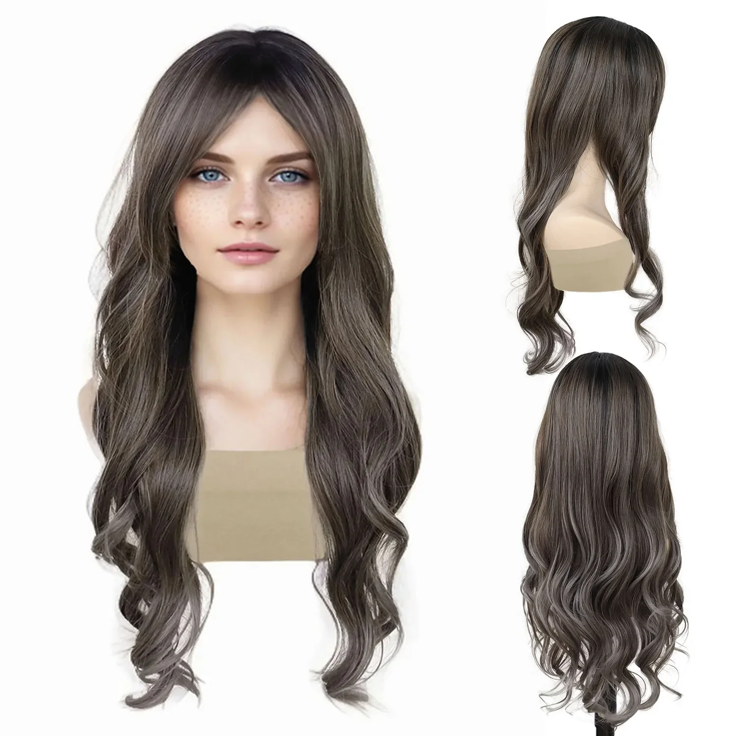 Synthetic Hair Long Curly Wigs for White Women 26 Inches Wavy Long Wig with Bangs Drag Queen Grey Wigs Model Natural Hairstyles