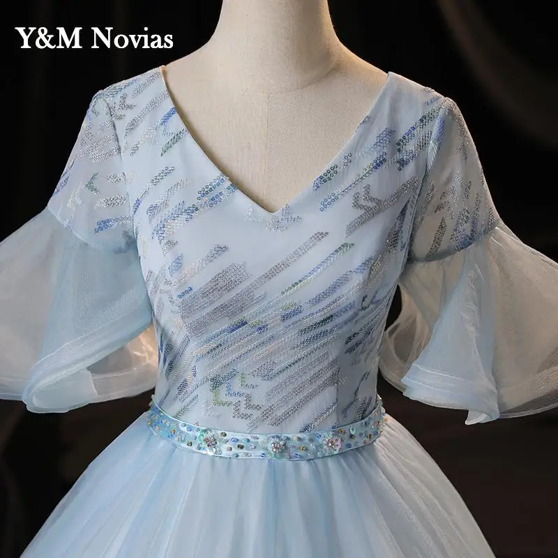 Vestido De quinceañera con manga trompeta y lentejuelas, azul claro mexicano, dulce 16, 2022