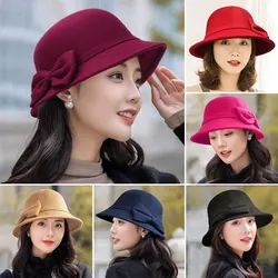 Autunno inverno donna fedora berretto a secchiello elegante Vintage Bowknot lana cupola cappello in feltro matrimonio chiesa Jazz Cap versione cappelli bombetta