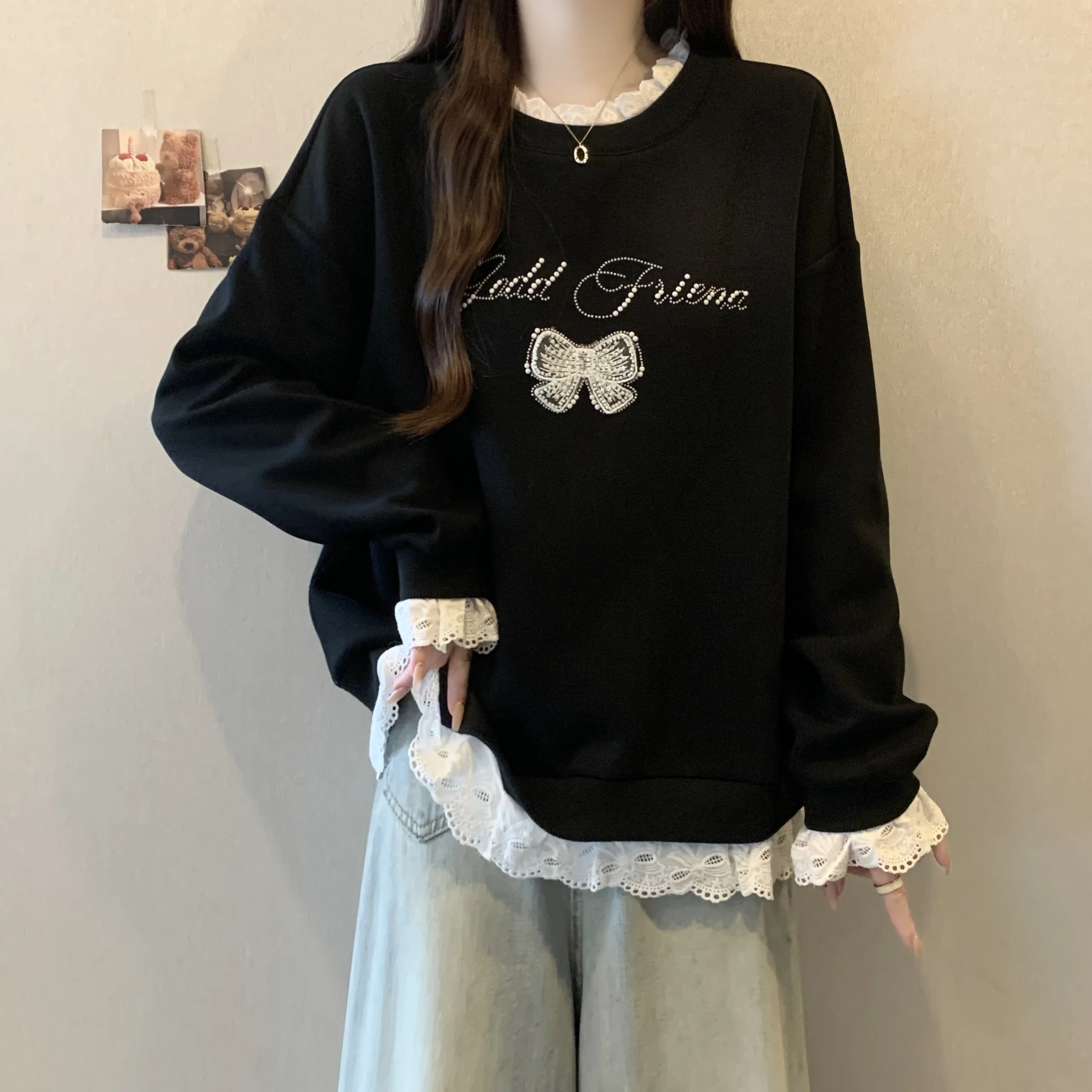 

Осенне-зимний свитер большого размера с кружевными вставками, свободного кроя, длинный рукав, повседневный, модный дизайн, женский топ больших размеров