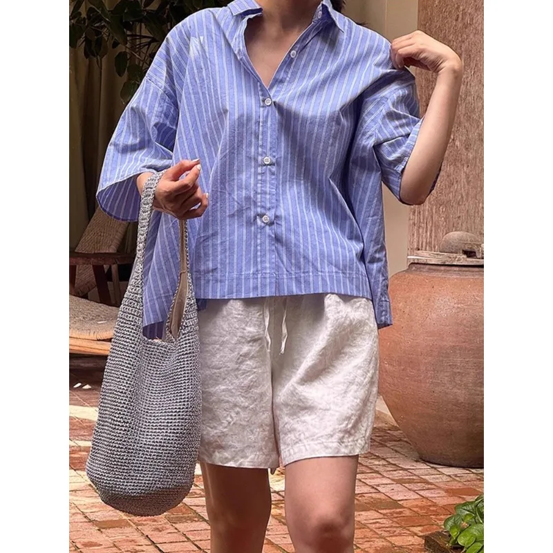 

SuperAen Summer New Vintage Stripes Contrasting Colors Loose Shirts for Women Turn-down Collar Fashion Casual Short Thin Shirts